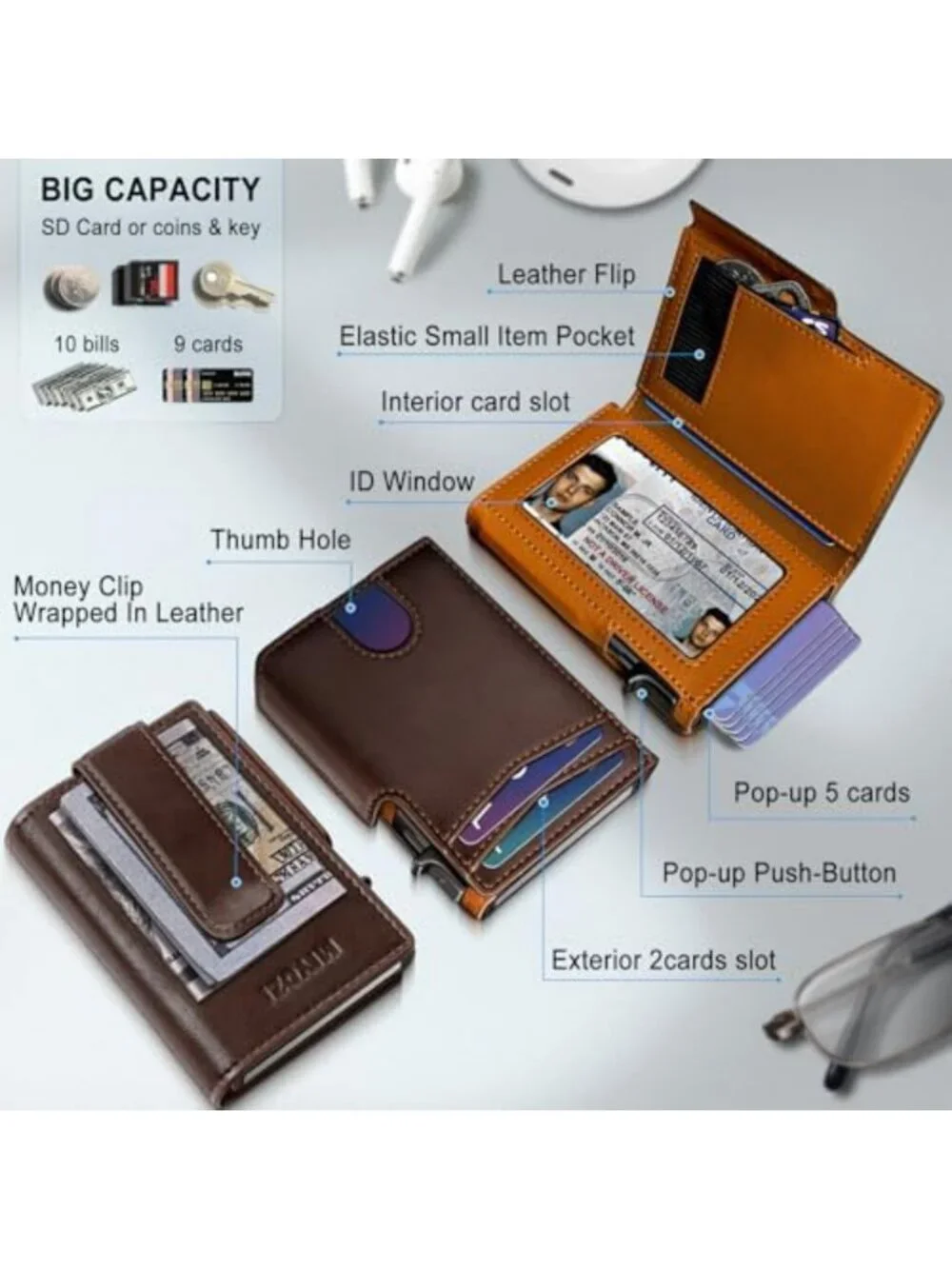 Slim Magnetic Wallet for Men, RFID Blocking Card Holder, Leather Money Clip & ID